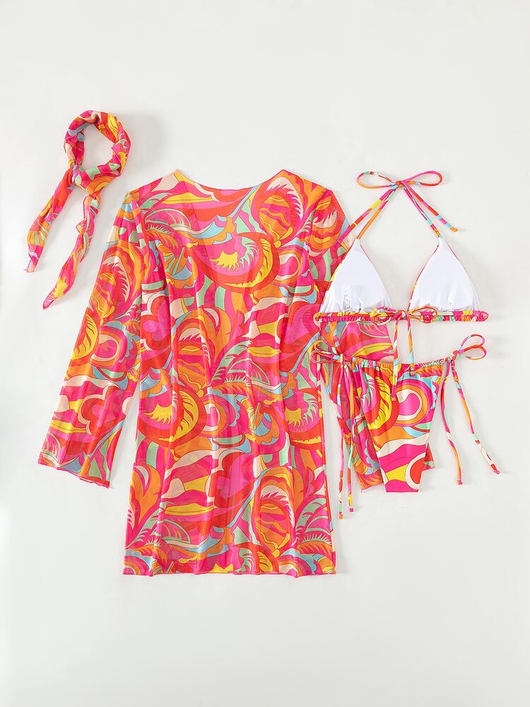 BamGleam Summer Beach Allover Print Halter Triangle Bikini Set With Kimono - Multicolor - View 2
