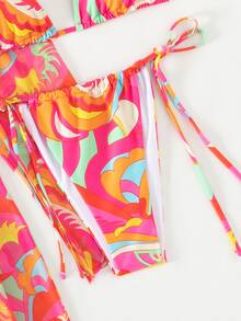 Zolique Summer Beach Allover Print Halter Triangle Bikini Set With Kimono - Multicolor - View 4