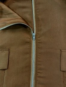 Linhara Plus Size Vintage Pocket Long Sleeve Zip-Up Hoodie Jacket Hiking Autumn - Brown - View 3