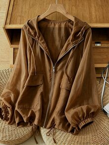 Linhara Plus Size Vintage Pocket Long Sleeve Zip-Up Hoodie Jacket Hiking Autumn - Brown - View 1