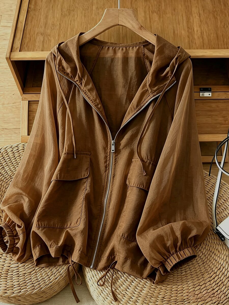 Linhara Plus Size Vintage Pocket Long Sleeve Zip-Up Hoodie Jacket Hiking Autumn - Brown - View 1