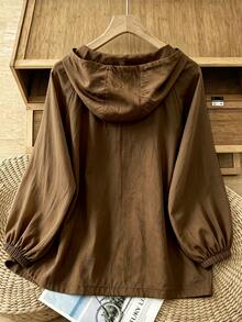 Linhara Plus Size Vintage Pocket Long Sleeve Zip-Up Hoodie Jacket Hiking Autumn - Brown - View 2