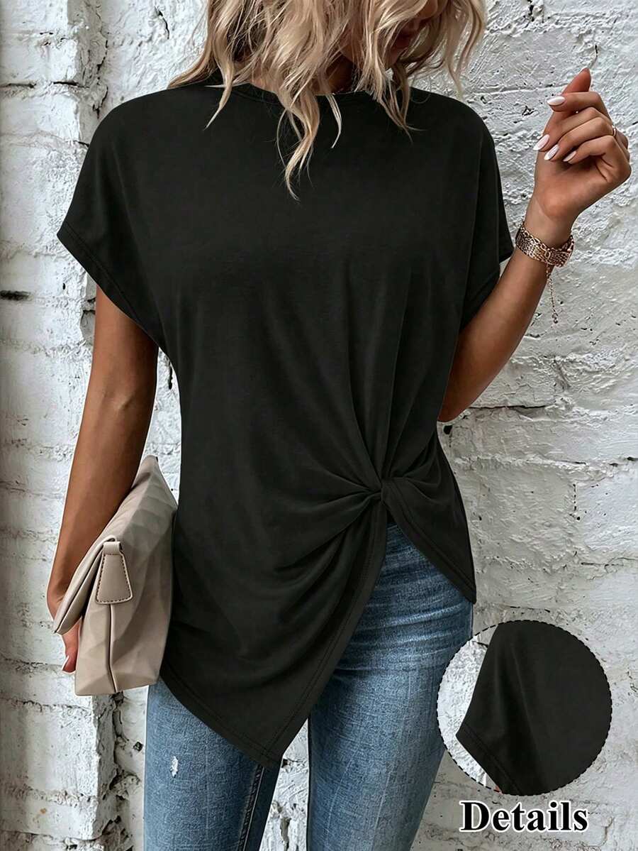 Sprig & Strand 女士宽松圆领短袖蝙蝠袖休闲纯色 T 恤 - 黑色 - 查看 1