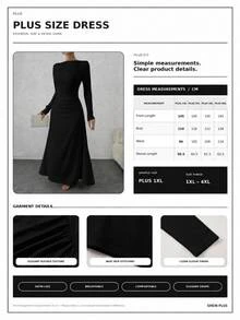 SHEIN فستان سهرة رسمي أنيق محتشم للنساء بمقاسات كبيرة، طويل بأكمام طويلة، أسود سادة من الساتان مع تفاصيل، مناسب للحفلات والكوكتيل، شتوي - الأسود - مشاهدة 4