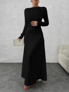 SHEIN فستان سهرة رسمي أنيق محتشم للنساء بمقاسات كبيرة، طويل بأكمام طويلة، أسود سادة من الساتان مع تفاصيل، مناسب للحفلات والكوكتيل، شتوي - الأسود - مشاهدة 8