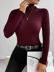 SHEIN LUNE Basic Minimalist High Collar Slim Fit Knitted Sweater,Long Sleeve Tops, Fall Winter - Burgundy - View 3