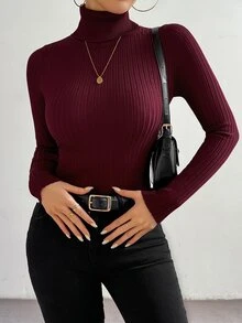 SHEIN LUNE Basic Minimalist High Collar Slim Fit Knitted Sweater,Long Sleeve Tops, Fall Winter - Burgundy - View 4