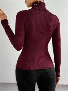 SHEIN LUNE Basic Minimalist High Collar Slim Fit Knitted Sweater,Long Sleeve Tops, Fall Winter - Burgundy - View 2