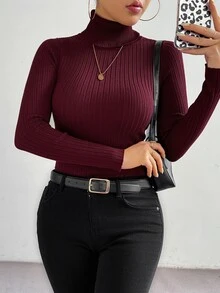 SHEIN LUNE Basic Minimalist High Collar Slim Fit Knitted Sweater,Long Sleeve Tops, Fall Winter - Burgundy - View 7