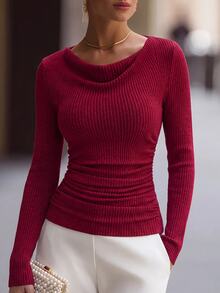 RosyDaze Camiseta de manga larga de ajuste ceñido con cuello de volantes asimétricamente con textura cepillada y vintage - Rojo - Ver 3