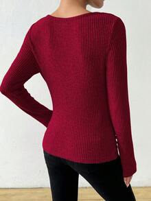 RosyDaze Camiseta de manga larga de ajuste ceñido con cuello de volantes asimétricamente con textura cepillada y vintage - Rojo - Ver 2