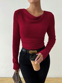 RosyDaze Camiseta de manga larga de ajuste ceñido con cuello de volantes asimétricamente con textura cepillada y vintage - Rojo - Ver 1