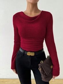 RosyDaze Camiseta de manga larga de ajuste ceñido con cuello de volantes asimétricamente con textura cepillada y vintage - Rojo - Ver 7