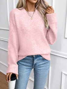 SHEIN Women's Casual Solid Color Drop Shoulder Sweater, Autumn/Winter Knit Pullover Fall - Pink - View 7