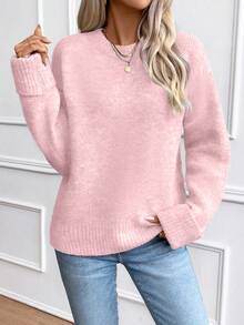 SHEIN Women's Casual Solid Color Drop Shoulder Sweater, Autumn/Winter Knit Pullover Fall - Pink - View 5