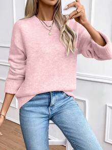 SHEIN Women's Casual Solid Color Drop Shoulder Sweater, Autumn/Winter Knit Pullover Fall - Pink - View 8