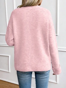 SHEIN Women's Casual Solid Color Drop Shoulder Sweater, Autumn/Winter Knit Pullover Fall - Pink - View 2