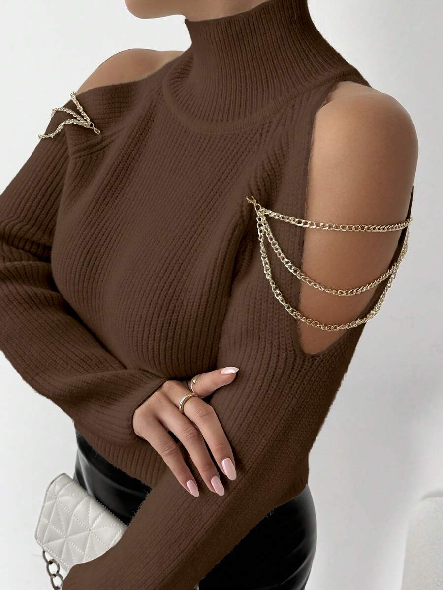 RosyDaze Women's Fashion Casual Off-Shoulder Chain High Collar Ribbed Knit Sweater - Brown - View 1