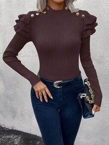 SHEIN 女式纯色立领纽扣设计荷叶边下摆长袖修身时尚毛衣，秋冬 - 咖啡棕 - 查看 5
