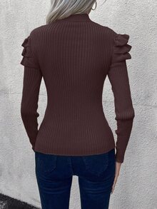SHEIN 女式纯色立领纽扣设计荷叶边下摆长袖修身时尚毛衣，秋冬 - 咖啡棕 - 查看 2