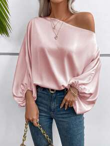 SHEIN Solid Color Asymmetric Collar Elegant Long Sleeve Blouse, Summer Fall Cloth For Women - Pink - View 8