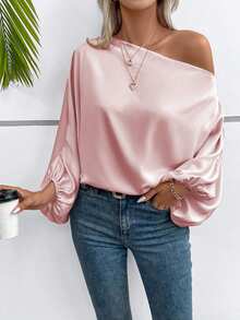 SHEIN Solid Color Asymmetric Collar Elegant Long Sleeve Blouse, Summer Fall Cloth For Women - Pink - View 6