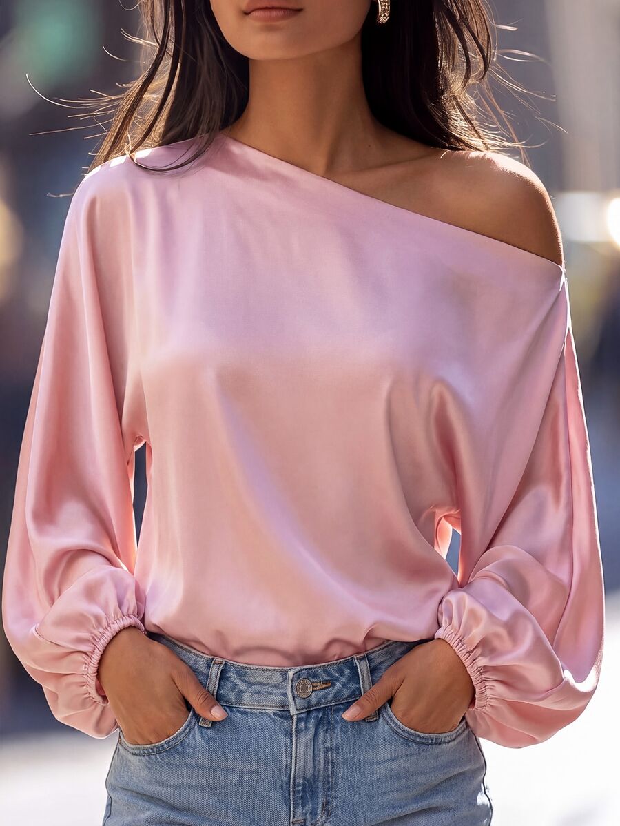 SHEIN Solid Color Asymmetric Collar Elegant Long Sleeve Blouse, Summer Fall Cloth For Women - Pink - View 1