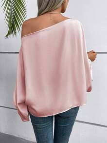 SHEIN Solid Color Asymmetric Collar Elegant Long Sleeve Blouse, Summer Fall Cloth For Women - Pink - View 2