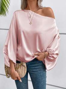 SHEIN Solid Color Asymmetric Collar Elegant Long Sleeve Blouse, Summer Fall Cloth For Women - Pink - View 3