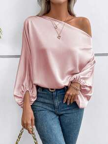 SHEIN Solid Color Asymmetric Collar Elegant Long Sleeve Blouse, Summer Fall Cloth For Women - Pink - View 5