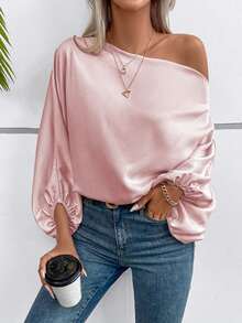 SHEIN Solid Color Asymmetric Collar Elegant Long Sleeve Blouse, Summer Fall Cloth For Women - Pink - View 7