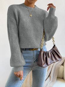 SHEIN Women's Dark Grey Round Neck Raglan Lantern Sleeve Wool Blend Pullover Sweater - Dark Grey - View 4