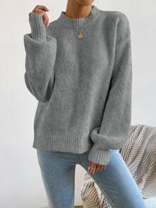 SHEIN Women's Dark Grey Round Neck Raglan Lantern Sleeve Wool Blend Pullover Sweater - Dark Grey - View 7