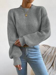 SHEIN Women's Dark Grey Round Neck Raglan Lantern Sleeve Wool Blend Pullover Sweater - Dark Grey - View 5