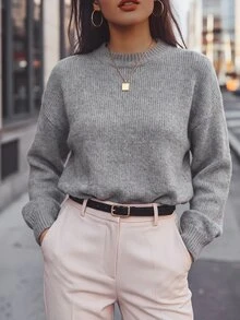 SHEIN Women's Dark Grey Round Neck Raglan Lantern Sleeve Wool Blend Pullover Sweater - Dark Grey - View 3