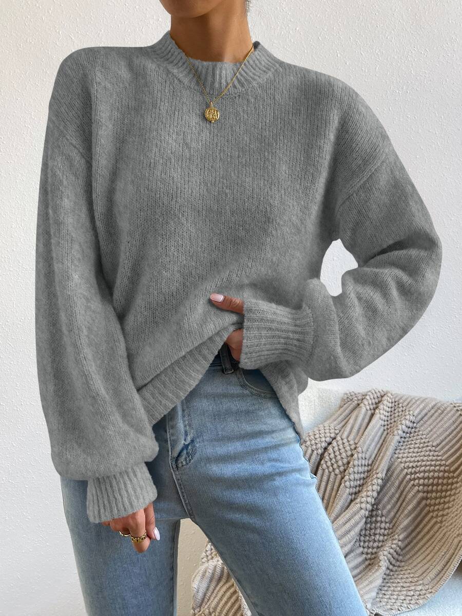 SHEIN Women's Dark Grey Round Neck Raglan Lantern Sleeve Wool Blend Pullover Sweater - Dark Grey - View 1