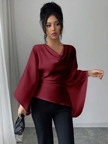 RosyDaze Women's Elegant Casual Loose Collar Blouse - Burgundy - View 7