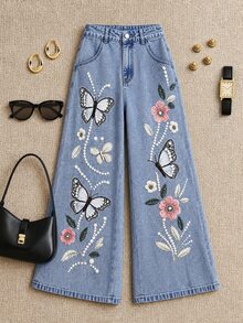 Grovea Women's Plus Size Printed Denim Jeans, Twill Fabric, Loose Fit, Faux Embroidery Craft, Casual Cute Autumn Light Blue Formal Wedding Guest Vacation - Multicolor - View 8