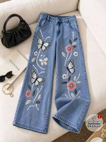 Grovea Women's Plus Size Printed Denim Jeans, Twill Fabric, Loose Fit, Faux Embroidery Craft, Casual Cute Autumn Light Blue Formal Wedding Guest Vacation - Multicolor - View 6
