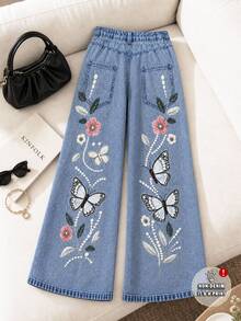 Grovea Women's Plus Size Printed Denim Jeans, Twill Fabric, Loose Fit, Faux Embroidery Craft, Casual Cute Autumn Light Blue Formal Wedding Guest Vacation - Multicolor - View 2