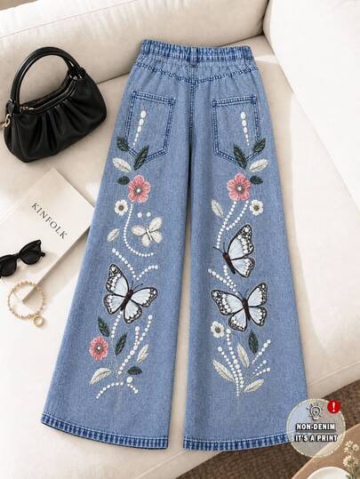 Grovea Women's Plus Size Printed Denim Jeans, Twill Fabric, Loose Fit, Exquisite Print With Faux Embroidery Craft, Casual Cute Autumn Fall Light Blue