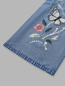 Grovea Women's Plus Size Printed Denim Jeans, Twill Fabric, Loose Fit, Faux Embroidery Craft, Casual Cute Autumn Light Blue Formal Wedding Guest Vacation - Multicolor - View 4
