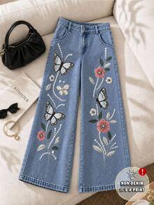 Grovea Women's Plus Size Printed Denim Jeans, Twill Fabric, Loose Fit, Faux Embroidery Craft, Casual Cute Autumn Light Blue Formal Wedding Guest Vacation - Multicolor - View 7