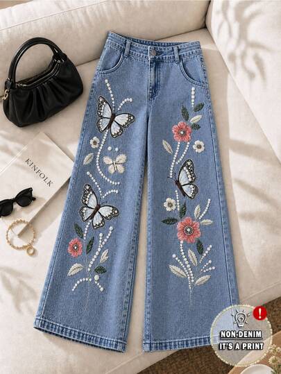 Grovea Women's Plus Size Printed Denim Jeans, Twill Fabric, Loose Fit, Exquisite Print With Faux Embroidery Craft, Casual Cute Autumn Fall Light Blue