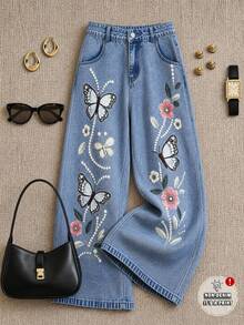 Grovea Women's Plus Size Printed Denim Jeans, Twill Fabric, Loose Fit, Faux Embroidery Craft, Casual Cute Autumn Light Blue Formal Wedding Guest Vacation - Multicolor - View 1