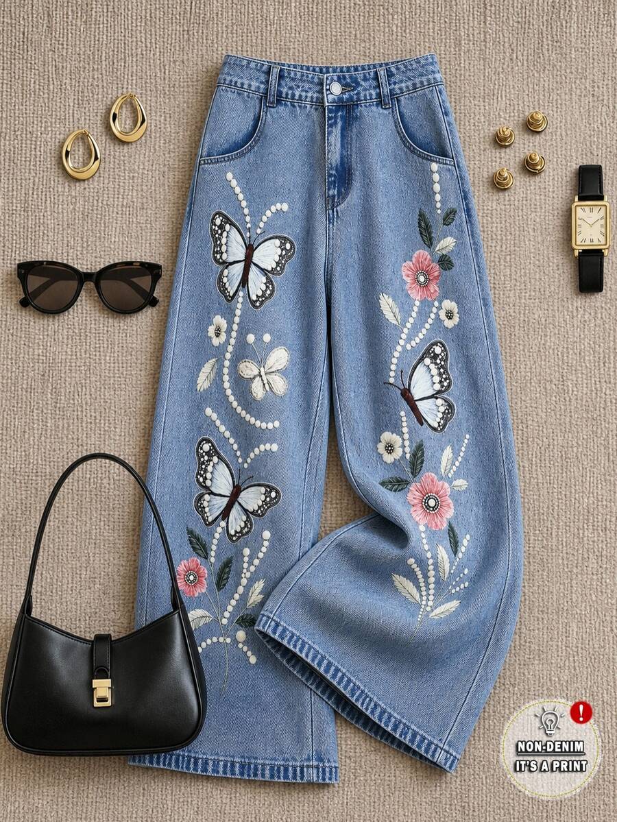 Grovea Women's Plus Size Printed Denim Jeans, Twill Fabric, Loose Fit, Faux Embroidery Craft, Casual Cute Autumn Light Blue Formal Wedding Guest Vacation - Multicolor - View 1
