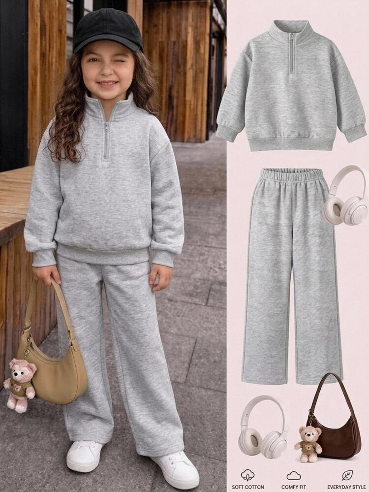 SHEIN طقم سويت شيرت رمادي سميك للفتيات الصغيرات، ناعم ومريح، جديد للخريف/الشتاء، كاجوال متعدد الاستخدامات - رمادي - مشاهدة 1