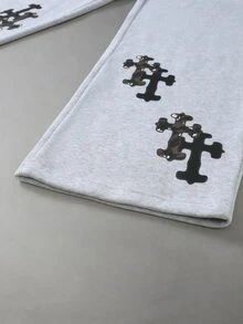 PAVTROS 男士字母印花連帽衛衣運動褲套裝，哥德風街頭休閒度假淺灰色秋季灰色豹紋印花 - 彩色 - 查看 10