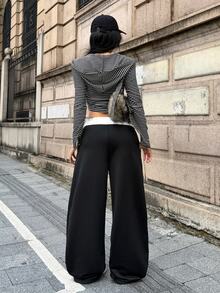 Coolane 女款秋冬四季街頭風外出休閒 Y2K 運動風學院風基礎圖案拼接黑色寬腿褲 健身運動舒適款 - 黑色 - 查看 7