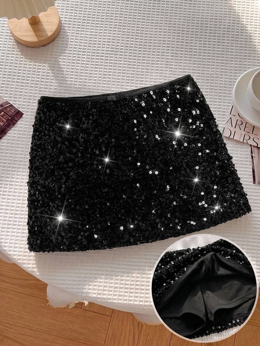 SHEIN Rok Anak Perempuan Remaja Modis Musim Gugur/Dingin dengan Celana Pendek Terintegrasi yang Elegan - Hitam - View 1